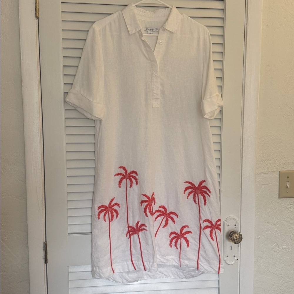 Chico's Linen Embroidered Palms Dress. - Picture 3 of 8